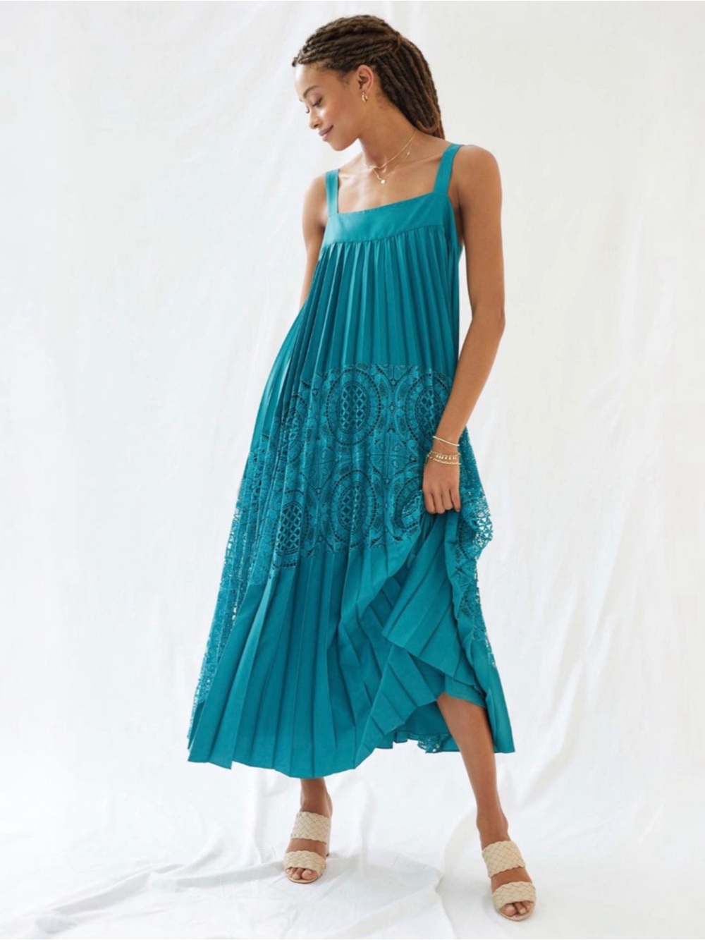 Anthropologie Turquoise Pleated Lace Maxi Dress Square Neck Boho Size Medium NWT - Picture 4 of 5